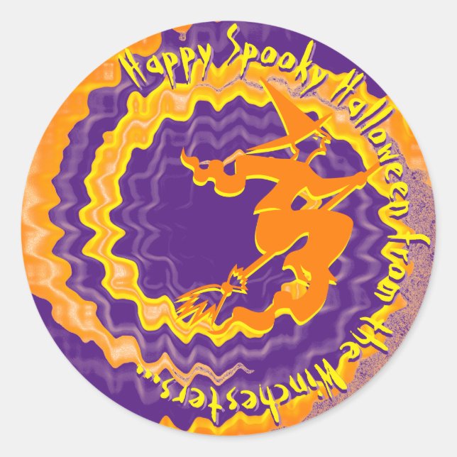 Pegatina Redonda Halloween púrpura bruja voladora magia texto hechi (Anverso)