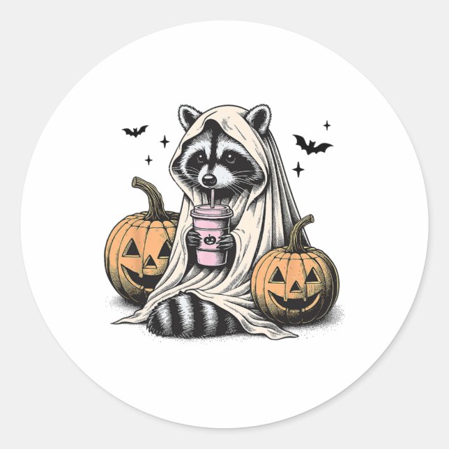 Pegatina Redonda Halloween Raccoon Ghost (Anverso)