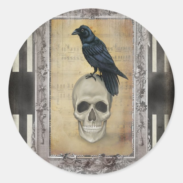 Pegatina Redonda Halloween Raven y Skull (Anverso)