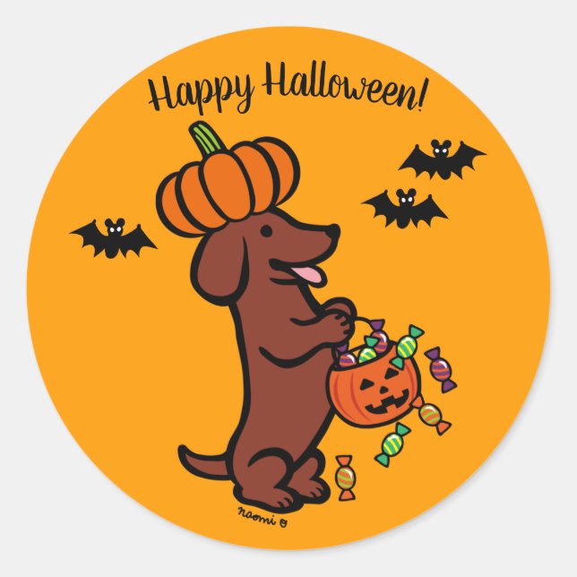 Pegatina Redonda Halloween Red Smooth Haired Dachshund (Anverso)