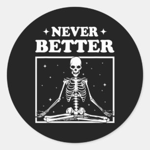 Pegatina Redonda Halloween Retro Nunca Mejor Esqueleto Yoga Espeluz