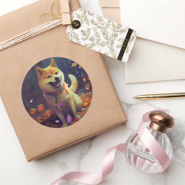 Pegatina Redonda Halloween Shiba Inu con calabazas aterradoras (Regalar)