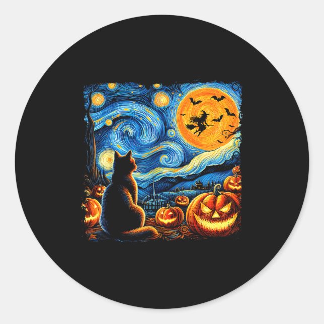 Pegatina Redonda Halloween Shirt Men Women Black Cat Pumpkins Bats  (Anverso)