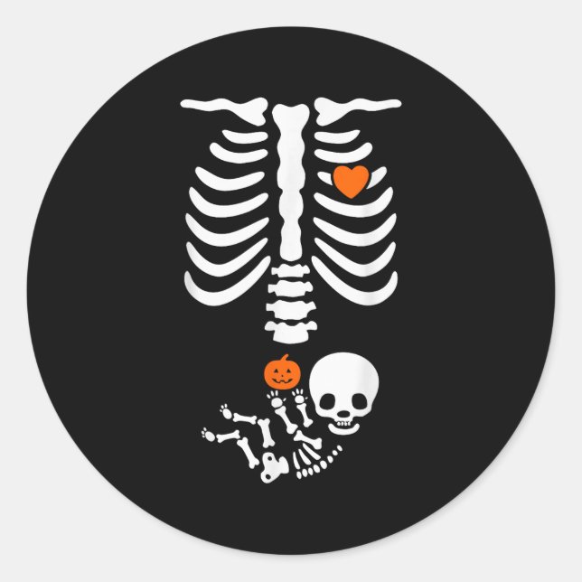 Pegatina Redonda Halloween Skeleton Baby Rib Cage Pregnant Pumpkin  (Anverso)
