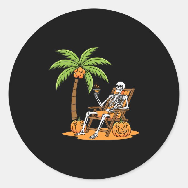 Pegatina Redonda Halloween Skeleton Beach Vacation Palm Tree Pumpki (Anverso)