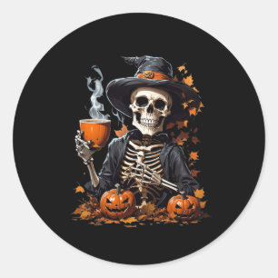 Pegatina Redonda Halloween Skeleton Beber café Horror para las muje