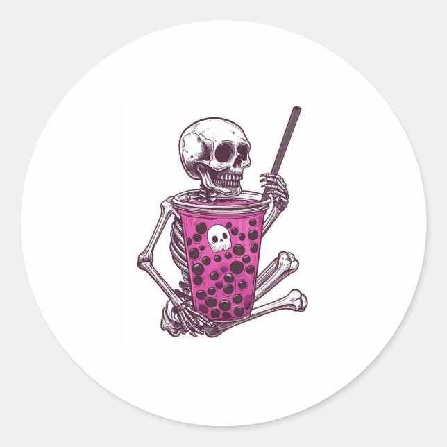 Pegatina Redonda Halloween Skeleton Bubble Tea (Anverso)