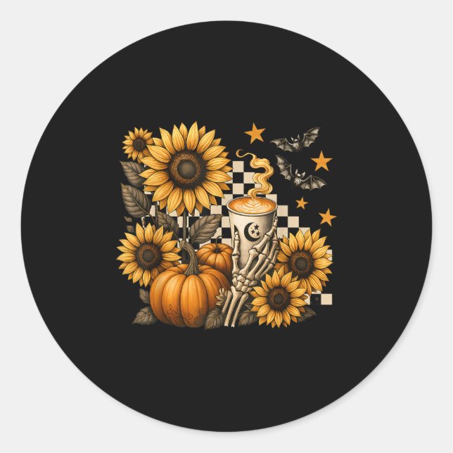 Pegatina Redonda Halloween Skeleton Coffee, Soky Sunflowers Pumpkin (Anverso)