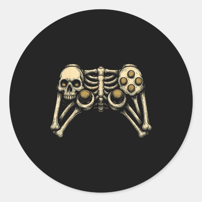 Pegatina Redonda Halloween Skeleton Gamer Gaming Controller Costume (Anverso)