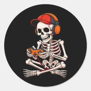 Pegatina Redonda Halloween Skeleton Gamer Gracioso Video Gaming Boy