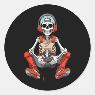 Pegatina Redonda Halloween Skeleton Gamer Gracioso Video Gaming Boy