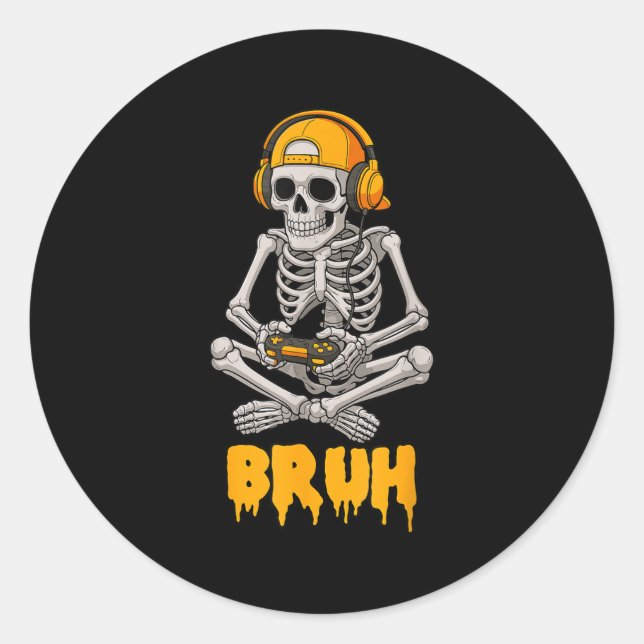 Pegatina Redonda Halloween Skeleton Gamer Video Gaming Funny Skelet (Anverso)