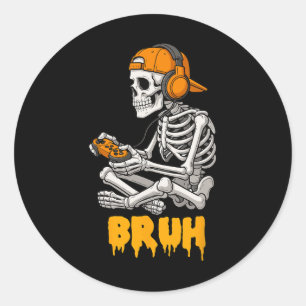 Pegatina Redonda Halloween Skeleton Gamer Video Gaming Funny Skelet