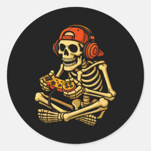 Pegatina Redonda Halloween Skeleton Gamer Video Juegos de Niños Hom