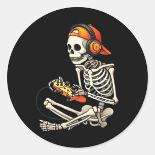 Pegatina Redonda Halloween Skeleton Gamer Video Juegos de Niños Hom