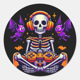 Pegatina Redonda Halloween skeleton gamer videojuegos
