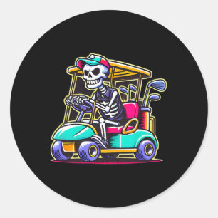 Pegatina Redonda Halloween Skeleton Golf Cart Golfer