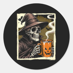 Pegatina Redonda Halloween Skeleton Hot Cocoa Dead Inside Spooky Se