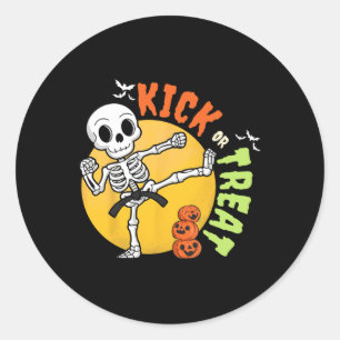 Pegatina Redonda Halloween Skeleton Karate Kick Martial Art Taekwon
