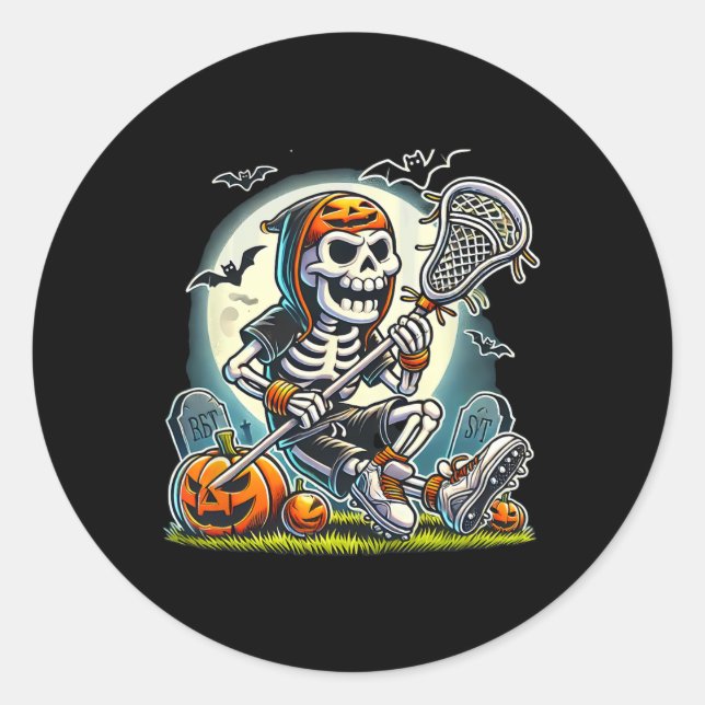 Pegatina Redonda Halloween Skeleton Lacrosse (Anverso)