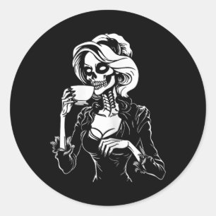 Pegatina Redonda Halloween Skeleton Lazy Skull Consumo de café