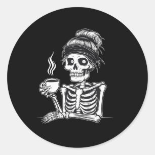 Pegatina Redonda Halloween Skeleton Messy Bun Coffee Funny Costume