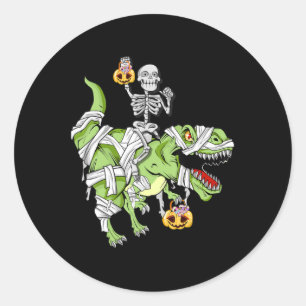 Pegatina Redonda Halloween Skeleton Mummy Dinosaur T rex Fun Hallow