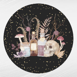 Pegatina Redonda Halloween Skeleton Potions Mushrooms Floral