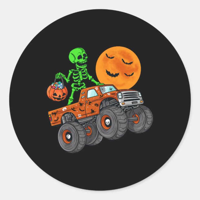 Pegatina Redonda Halloween Skeleton Riding Monster Truck Toddler Bo (Anverso)