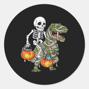 Pegatina Redonda Halloween Skeleton Riding Mummy Dinosaur T Rex Fun