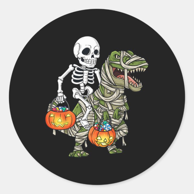 Pegatina Redonda Halloween Skeleton Riding Mummy Dinosaur T Rex Fun (Anverso)