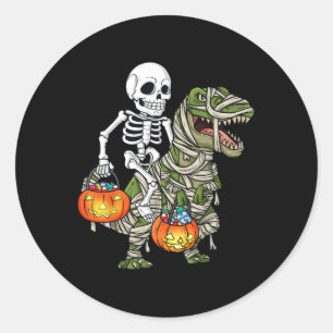 Pegatina Redonda Halloween Skeleton Riding Mummy Dinosaur T Rex Fun