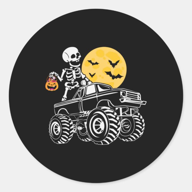 Pegatina Redonda Halloween Skeleton Riding Truck Cumpleaños (Anverso)