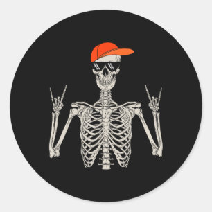 Pegatina Redonda Halloween Skeleton Rock On Hand Skeleton Men Boys