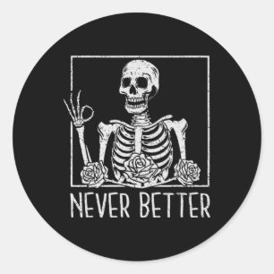 Pegatina Redonda Halloween Skeleton Skull Mujeres tomando café Nev