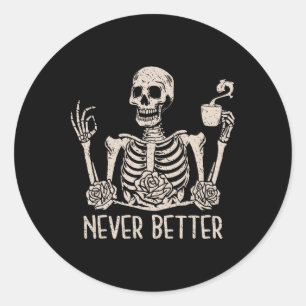 Pegatina Redonda Halloween Skeleton Skull Mujeres tomando café Nev