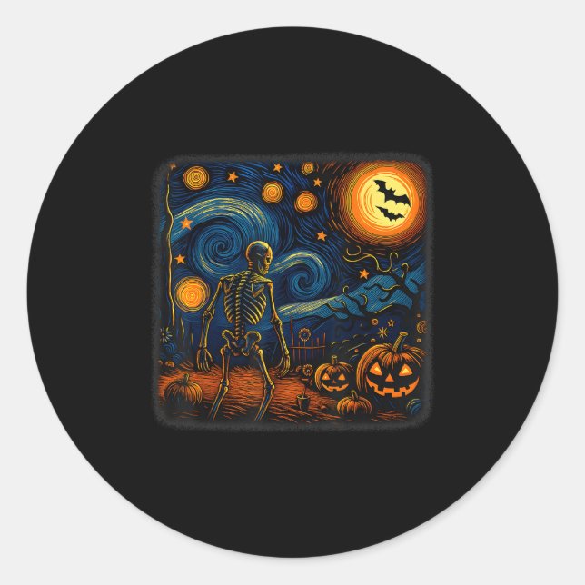 Pegatina Redonda Halloween Skeleton Starry Night Van Gogh Pumpkin M (Anverso)