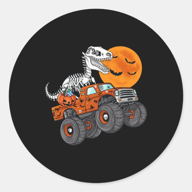 Pegatina Redonda Halloween Skeleton T Rex Monster Truck Niños T (Anverso)