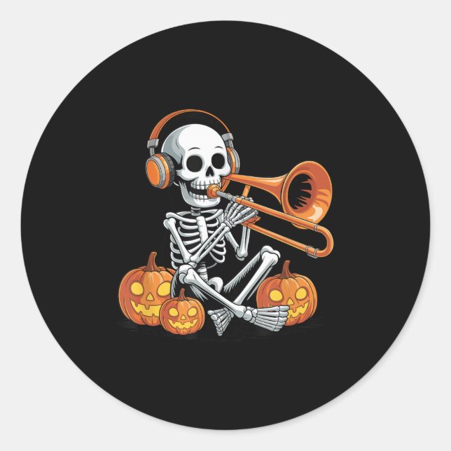 Pegatina Redonda Halloween Skeleton Trombone Trombonist  (Anverso)