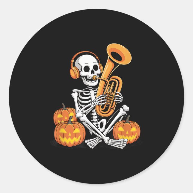 Pegatina Redonda Halloween Skeleton Tuba Tubist  (Anverso)