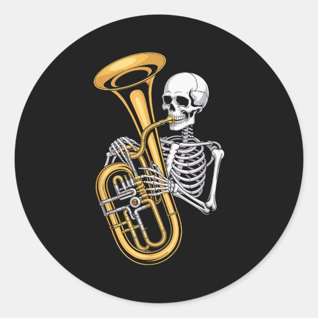 Pegatina Redonda Halloween Skeleton Tuba Tubist  (Anverso)