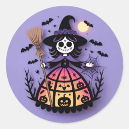Pegatina Redonda Halloween Skeleton Witch