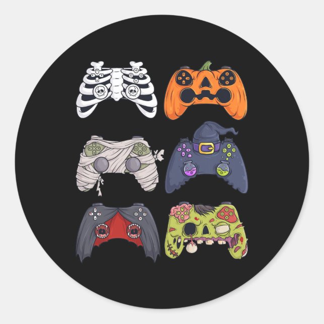 Pegatina Redonda Halloween Skeleton Zombie Gaming Controllers Mummy (Anverso)