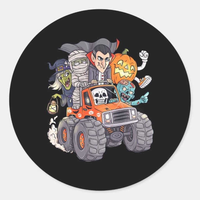 Pegatina Redonda Halloween Skeleton Zombie Monster Truck Vampire Bo (Anverso)