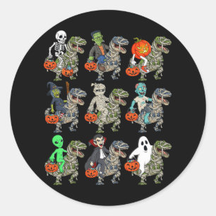 Pegatina Redonda Halloween Skeleton Zombie Riding Mummy T Rex Vampi