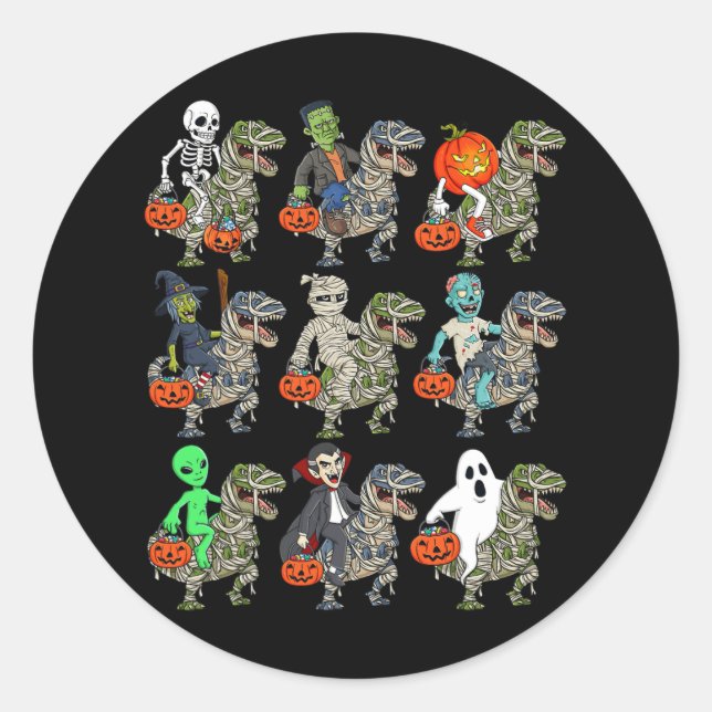 Pegatina Redonda Halloween Skeleton Zombie Riding Mummy T Rex Vampi (Anverso)