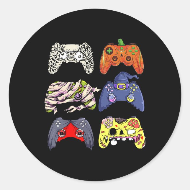 Pegatina Redonda Halloween Skeleton Zombie Witch Controller Mummy B (Anverso)