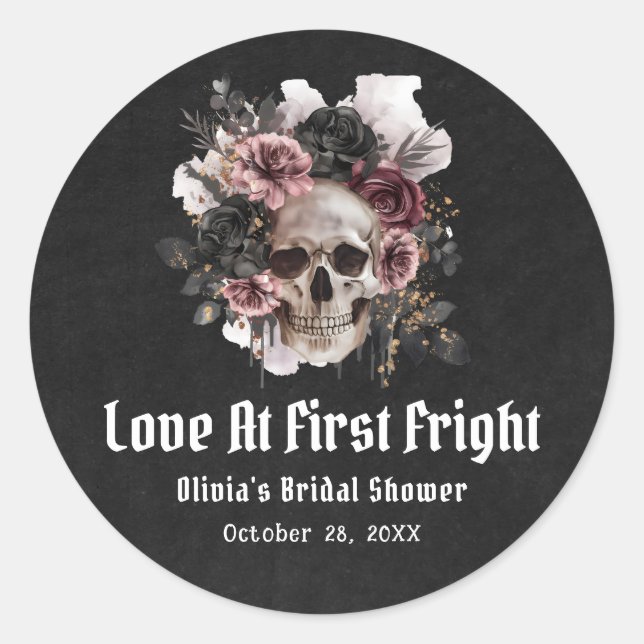 Pegatina Redonda Halloween Skull Love At First Fright Bridal Shower (Anverso)