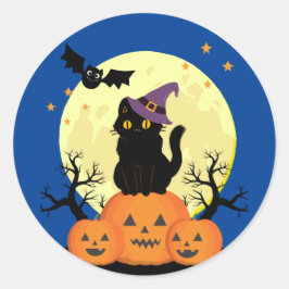 Pegatina Redonda Halloween Spooky Cat Witch Jack-o-lanterns