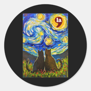 Pegatina Redonda Halloween Starry Night Black Cat Comma La Kamala H